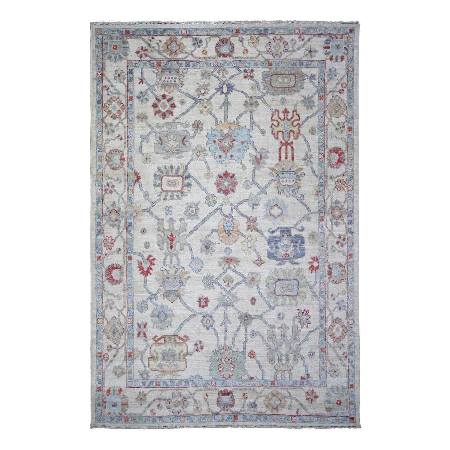 6'1"X9'4" Ivory Hand Knotted Afghan Angora Oushak Soft Wool Rug