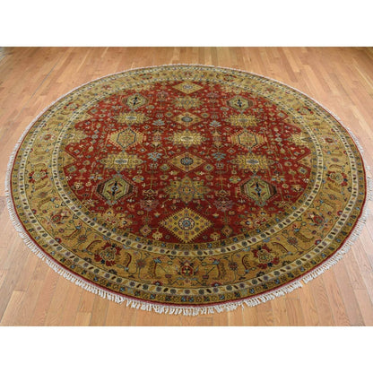 10'X10' Red Hand Knotted Karajeh Design Pure Wool Round Rug