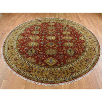 10'X10' Red Hand Knotted Karajeh Design Pure Wool Round Rug