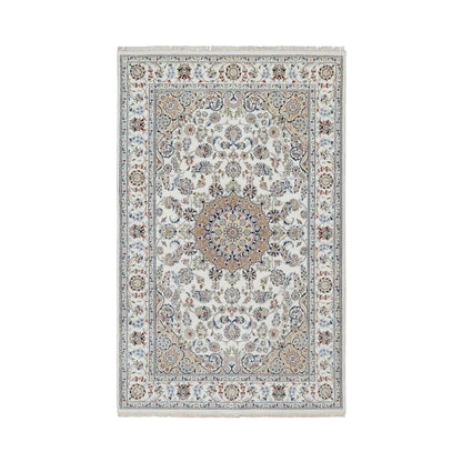 5'10"X9'2" Pearl White, 250 Kpsi, Hand Knotted Nain Wool And Silk Rug