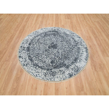 6'X6' Ice Gray Wool And Silk Broken And Erased Hand Knotted Oriental Rug