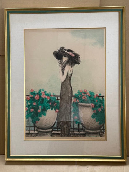 Lady on Flowering Terrace Lithograph Signed Jean Pierre Cassigneul