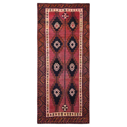 4'9"X10'5" Hand Knotted Red Farsian Qashqairaz Worn Vintage Runner Rug