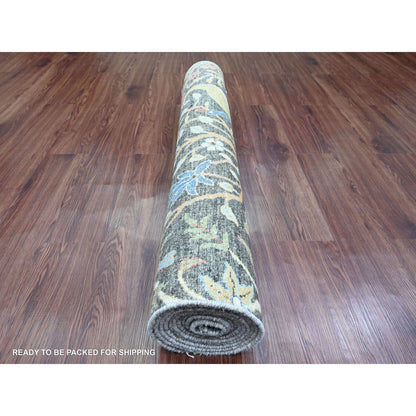 4'X12' Carbon Gray Peshawar Birds Design Hand Knotted All Wool Runner Rug