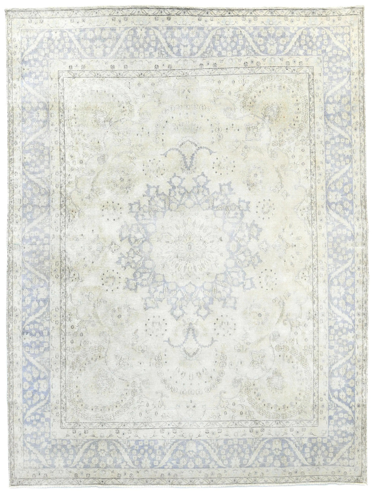 Muted Cream Distressed Handmade Oriental Rug 10x13 ft Vintage Farmhouse Carpet