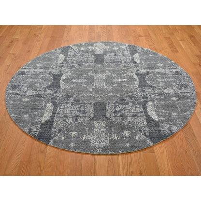 6'1"X6'1" Gray Wool And Pure Silk Jewellery Design Hand Knotted Round Rug