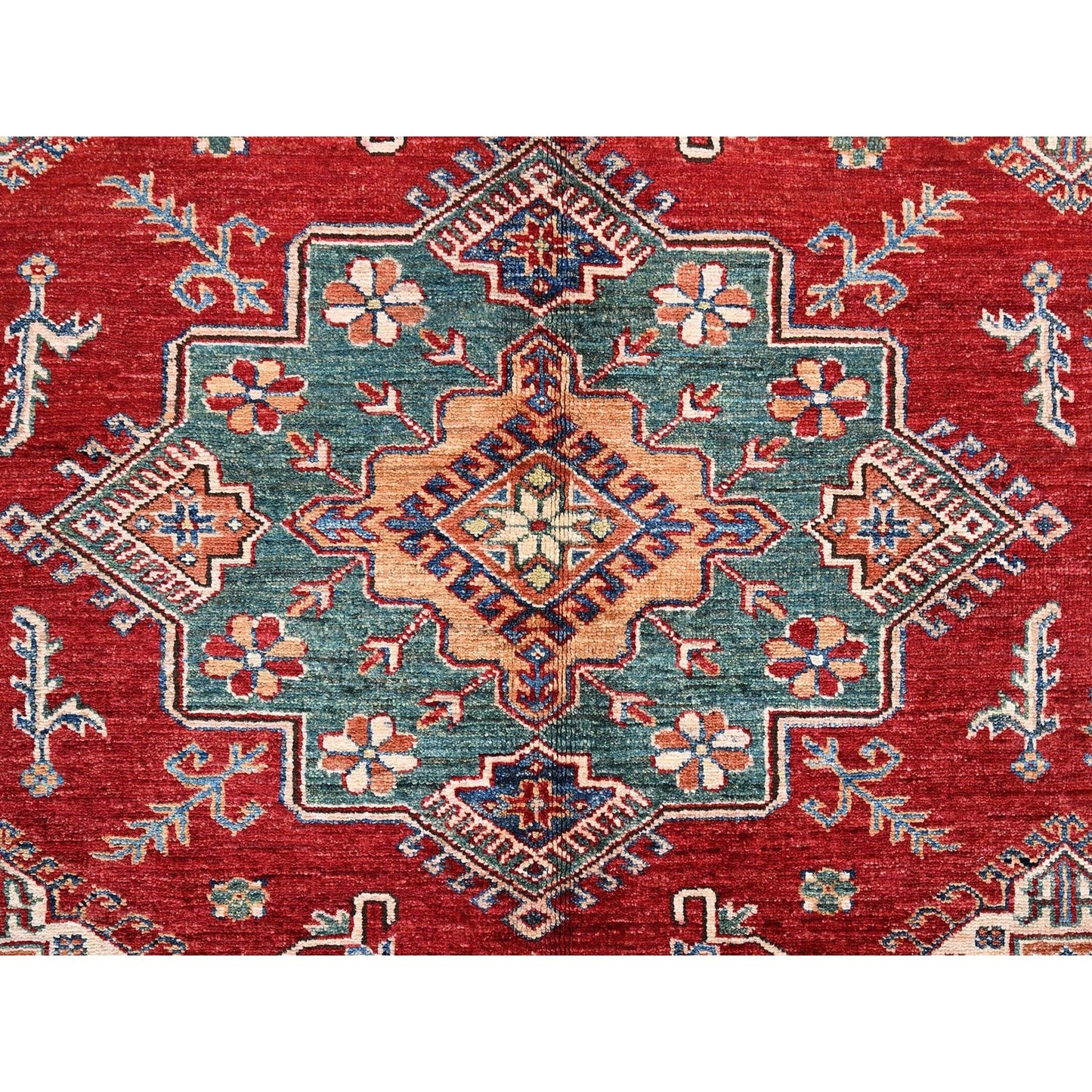 6'2"X8'6" Red Hand Knotted Afghan Super Kazak Medallions Design Wool Rug