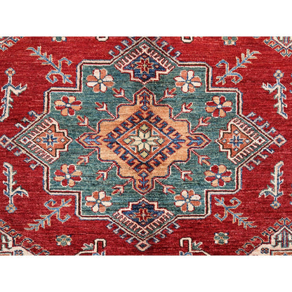 6'2"X8'6" Red Hand Knotted Afghan Super Kazak Medallions Design Wool Rug