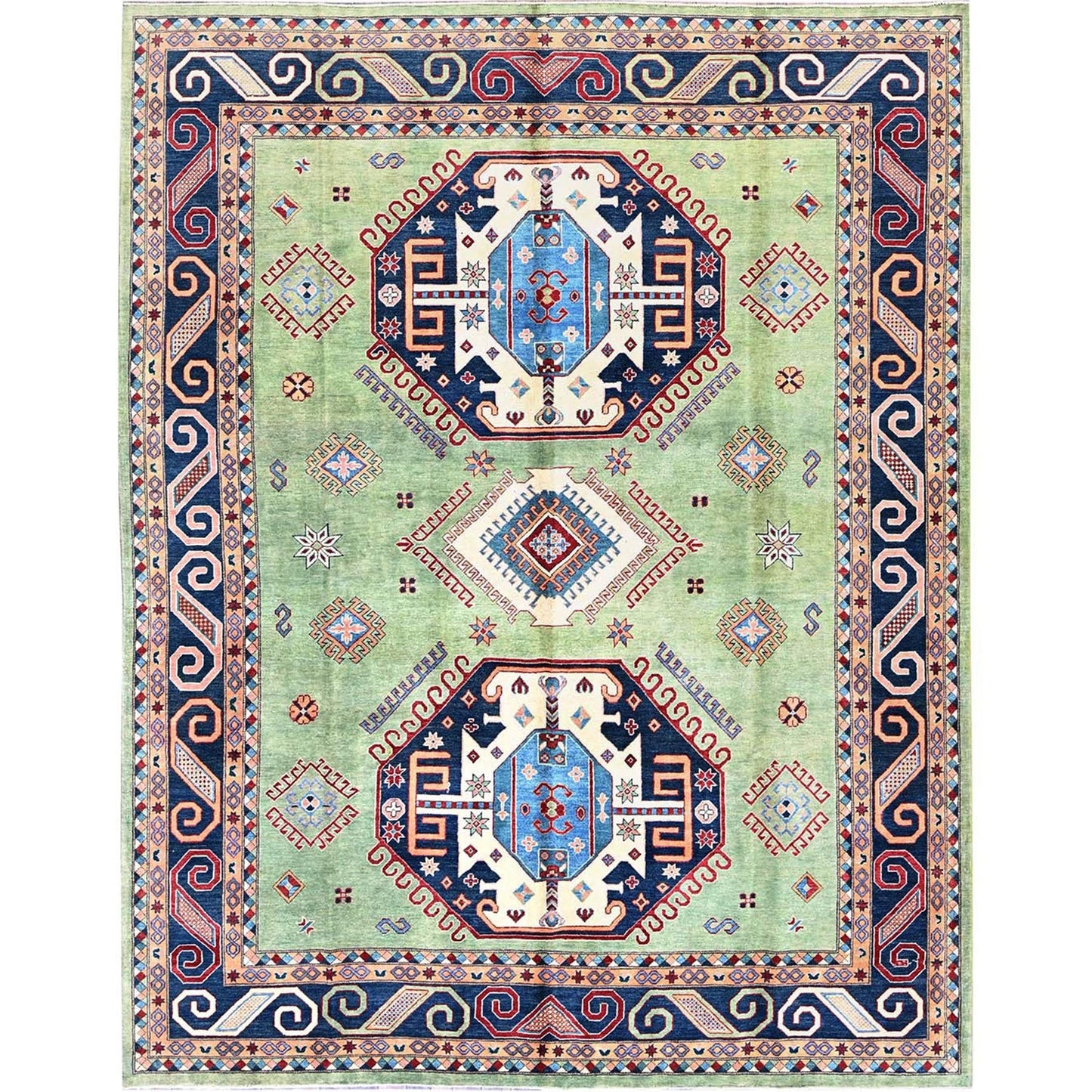9'2"X11'7" Green Special Kazak Geometric Design Hand Knotted Pure Wool Rug
