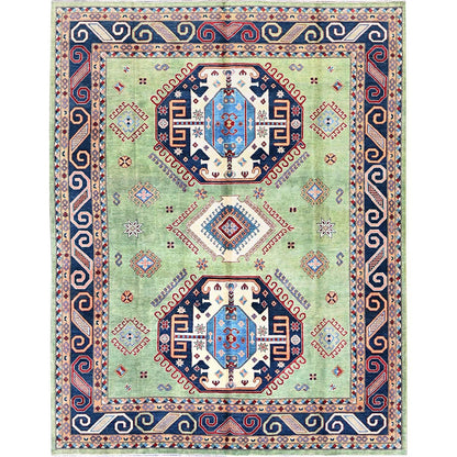 9'2"X11'7" Green Special Kazak Geometric Design Hand Knotted Pure Wool Rug