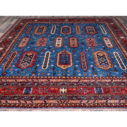 10'X10' Imperial Blue Caucasian Design Revival Hand Knotted Wool Square Rug