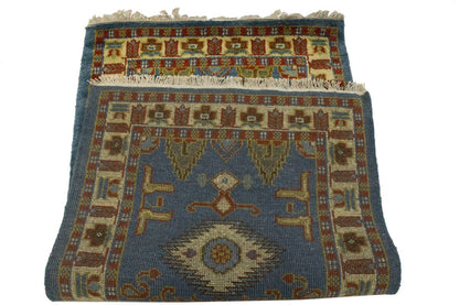 Kazak Oriental Rug Blue Geometric Tribal Style