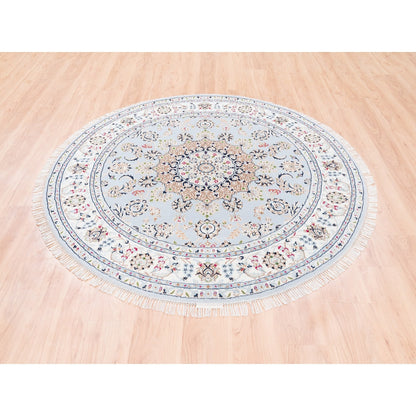 6'1"X6'1" Blue Round Wool 250 Kpsi Nain Handmade Medallion Design Rug
