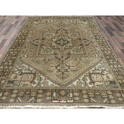 6'7"X9'3" Khaki Brown Vintage Zoroastrian Heris Hand Knotted Pure Wool Rug