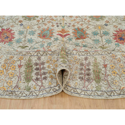 10'X10' Beige Silk And Wool Hand Knotted Directional Vase Round Rug