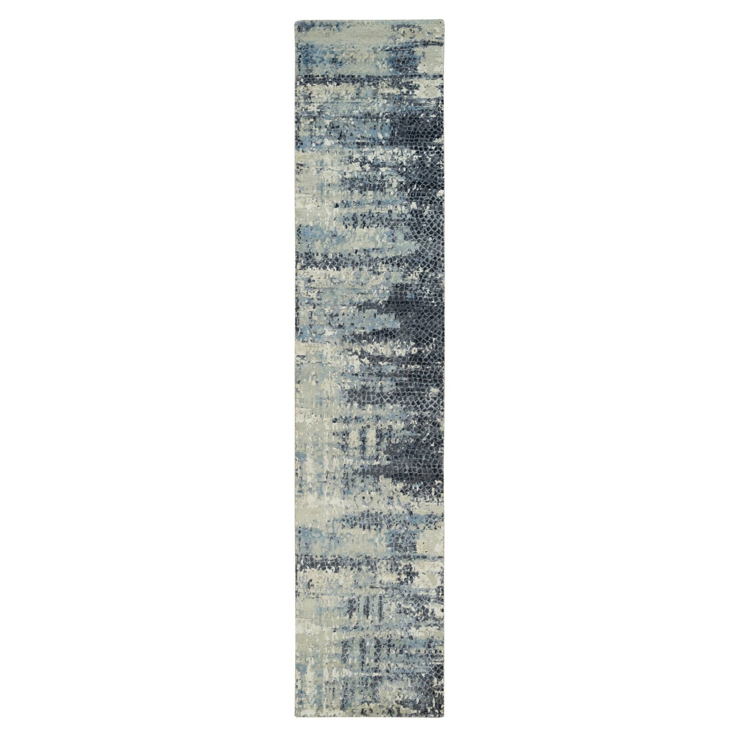 2'6"X12' Nevada Gray Wool And Silk Hand Knotted Modern Design Runner Rug