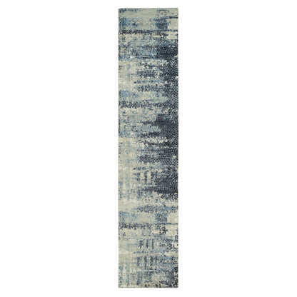 2'6"X12' Nevada Gray Wool And Silk Hand Knotted Modern Design Runner Rug