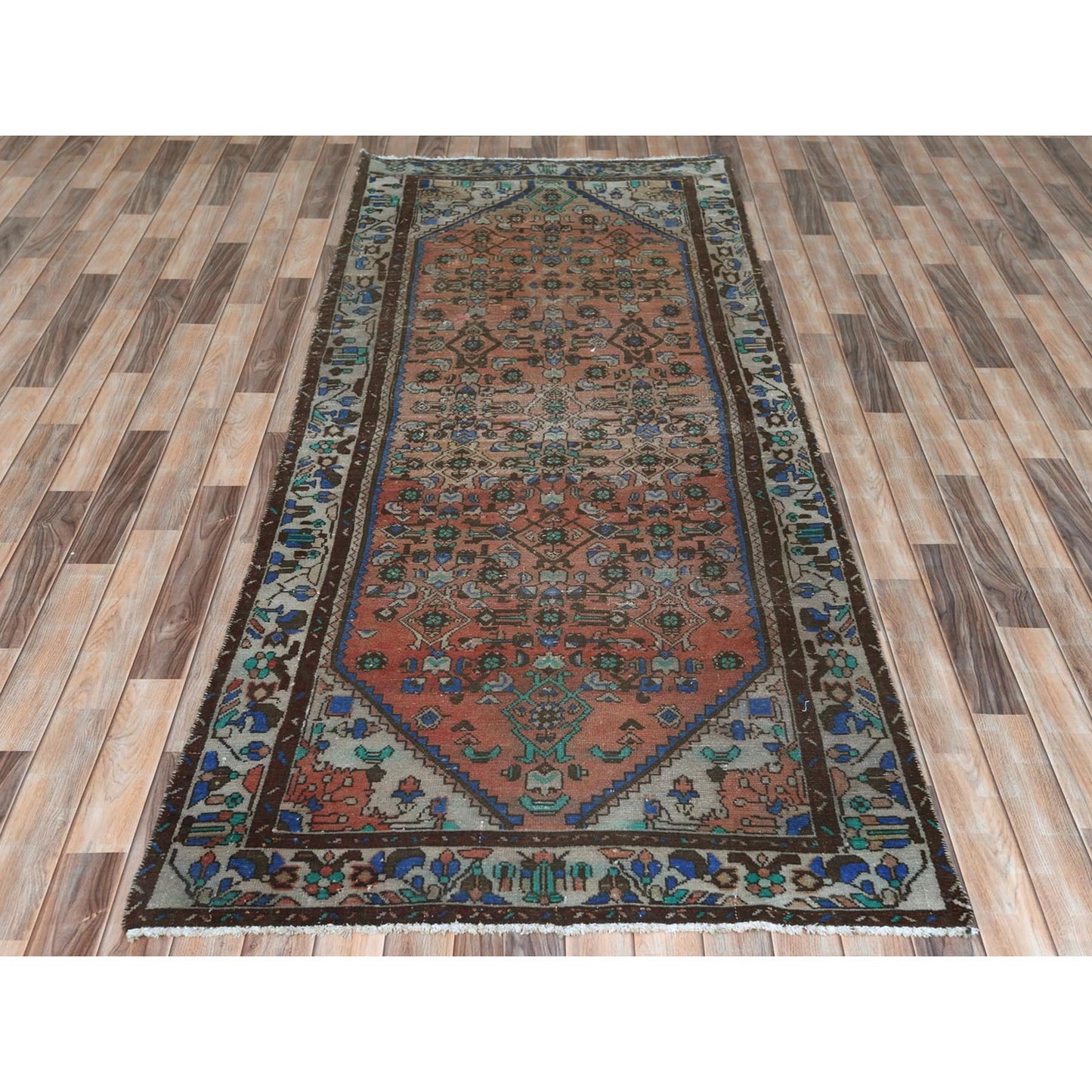 3'9"X9'9" Brown Vintage Farsian Worn Wool Hand Knotted Wide Runner Rug