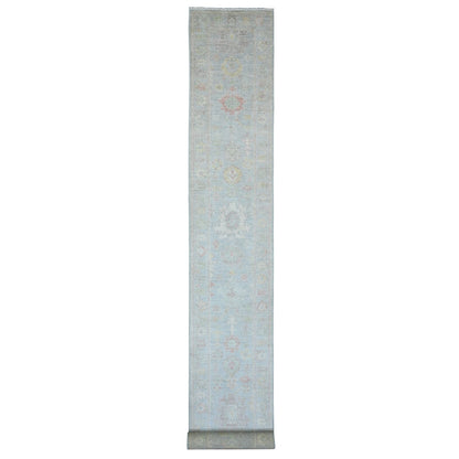 2'8"X24'9" Blue Angora Oushak Leaf Design Wool Hand Knotted Runner Rug