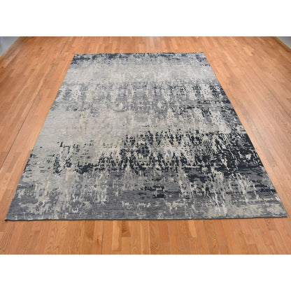 8'10"X11'8" Cloud Gray Erased Design Wool With Real Silk Hand Knotted Rug