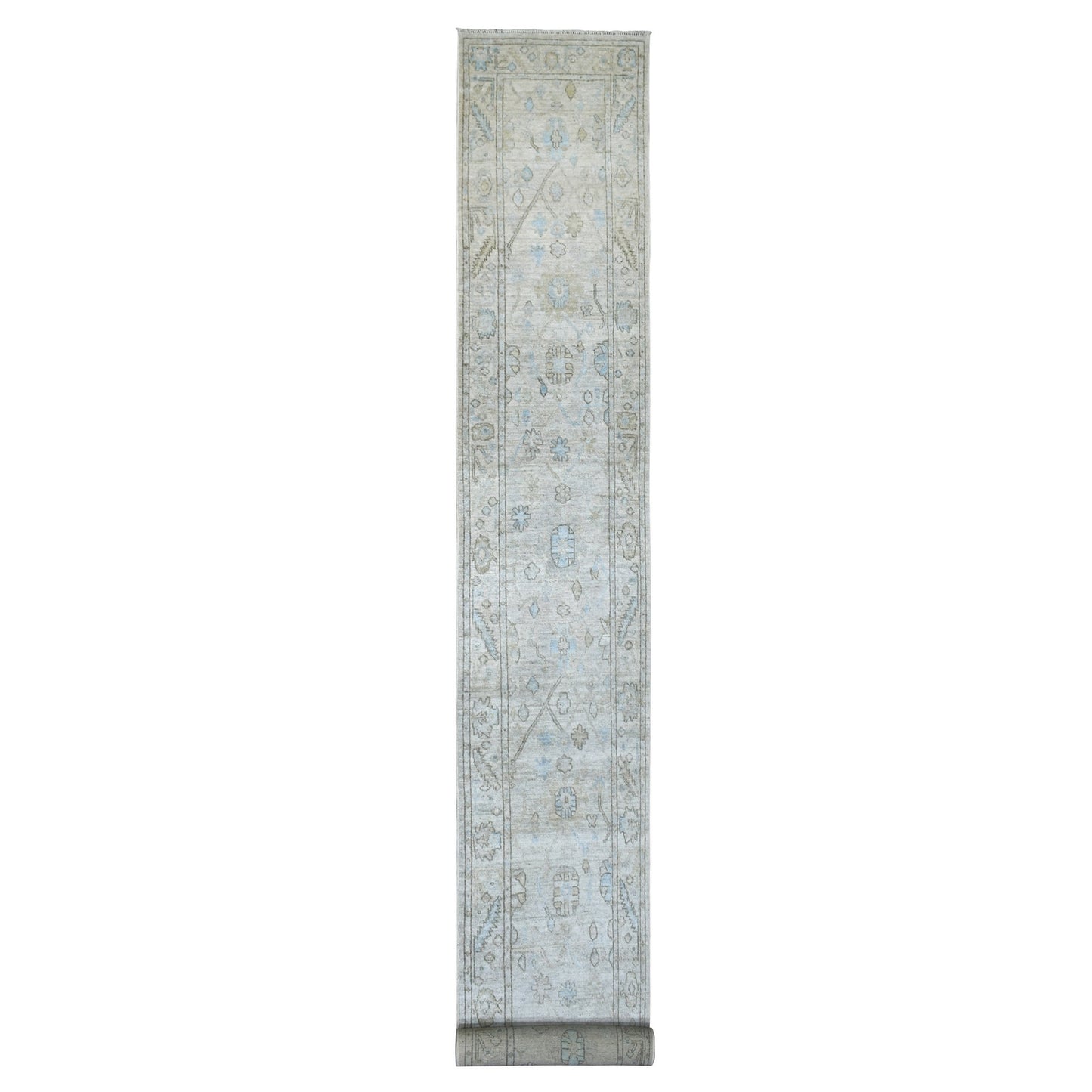 2'6"X19'9"Hand Knotted Angora Oushak Afghan Runner Gray Pure Wool