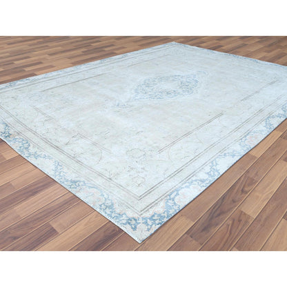 8'3"X11'1" Hand Knotted Ivory Vintage Farsian Karman Worn Wool Rug