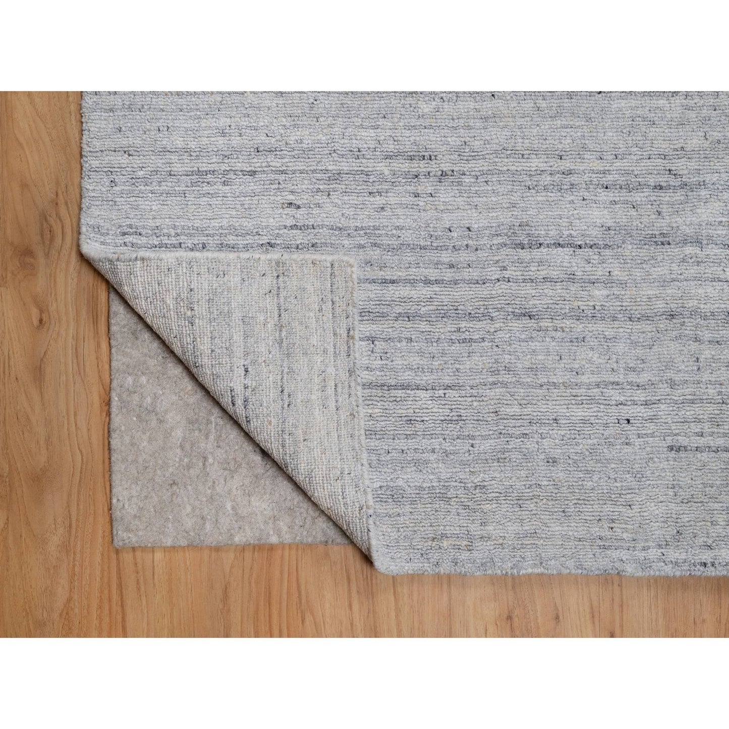 9'X12' Snow White Natural Wool Plain Modern Striae Design Hand Loomed Rug