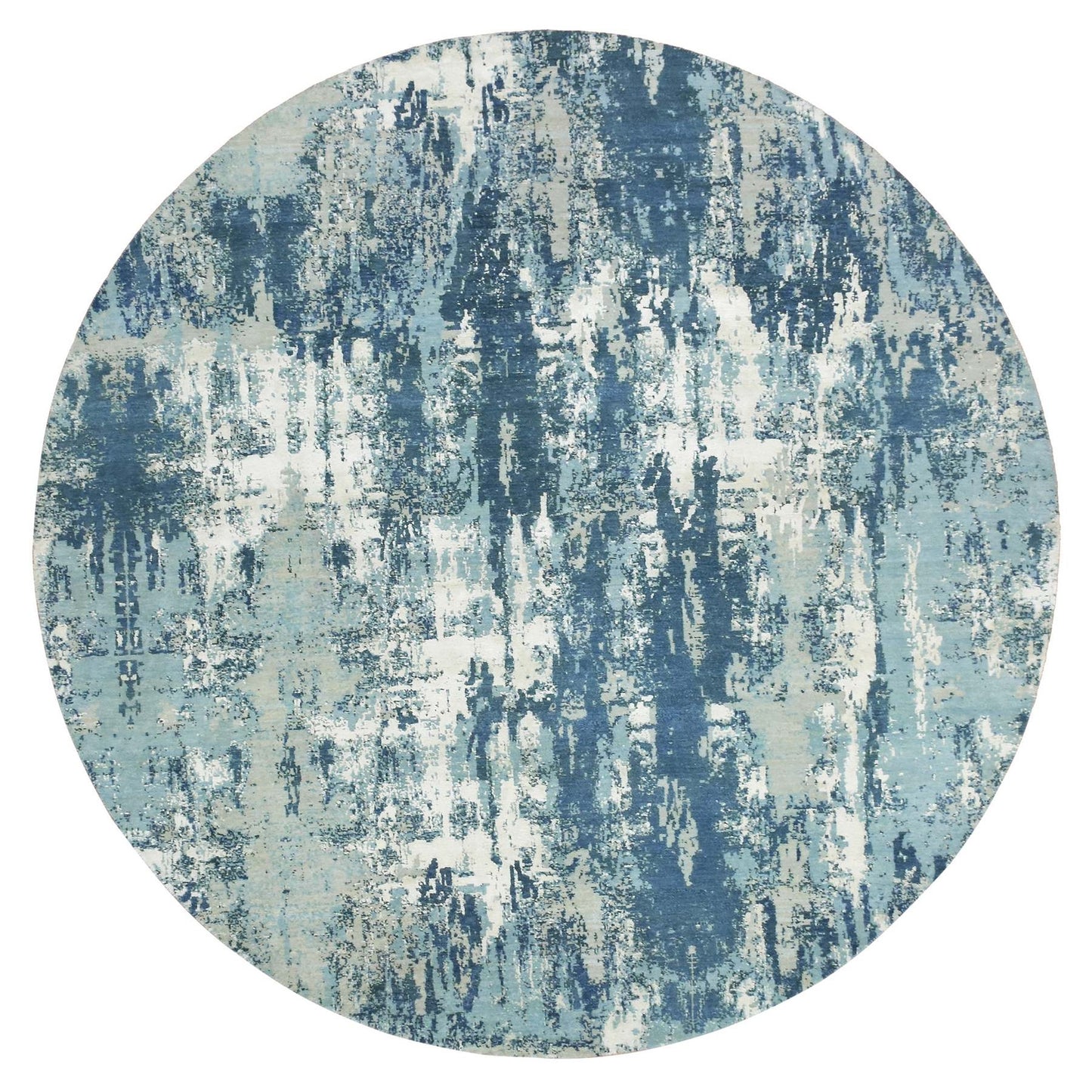9'x9' Blue Hand Knotted Abstract Design Pure Silk and Wool Round Rug