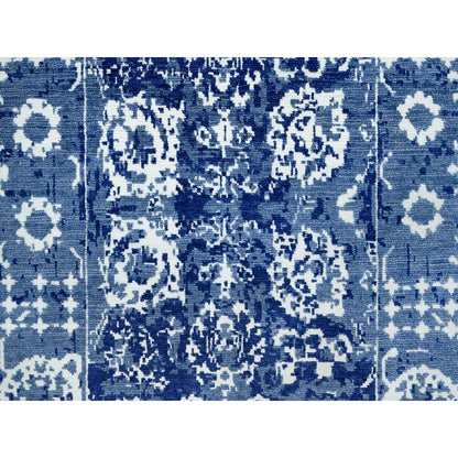 2'6"X8' Blue Hand Knotted Tebraz Leaf Design Wool And Silk Runner Rug