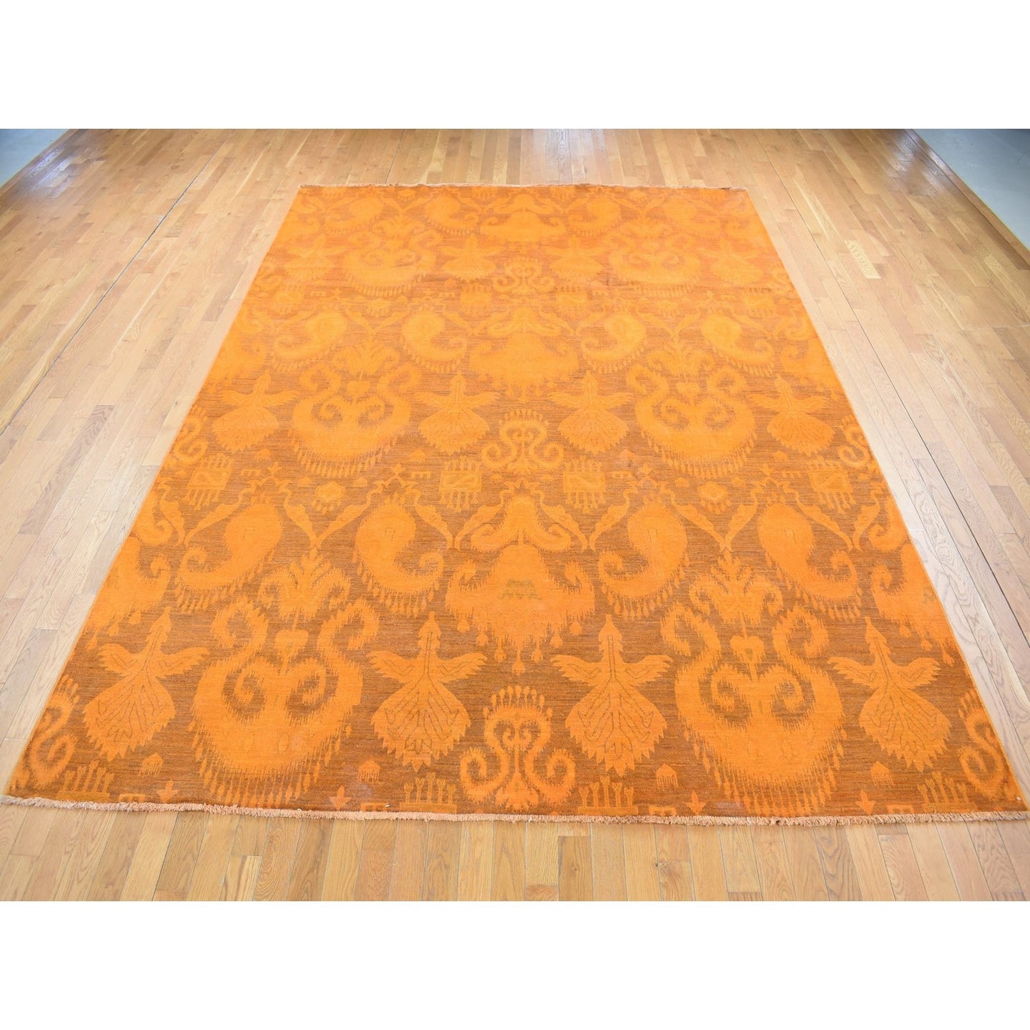 9'1"X12'3" Hand Knotted Pure Wool Orange Cast Overdyed Ikat Oriental Rug