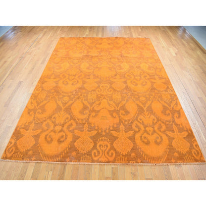 9'1"X12'3" Hand Knotted Pure Wool Orange Cast Overdyed Ikat Oriental Rug