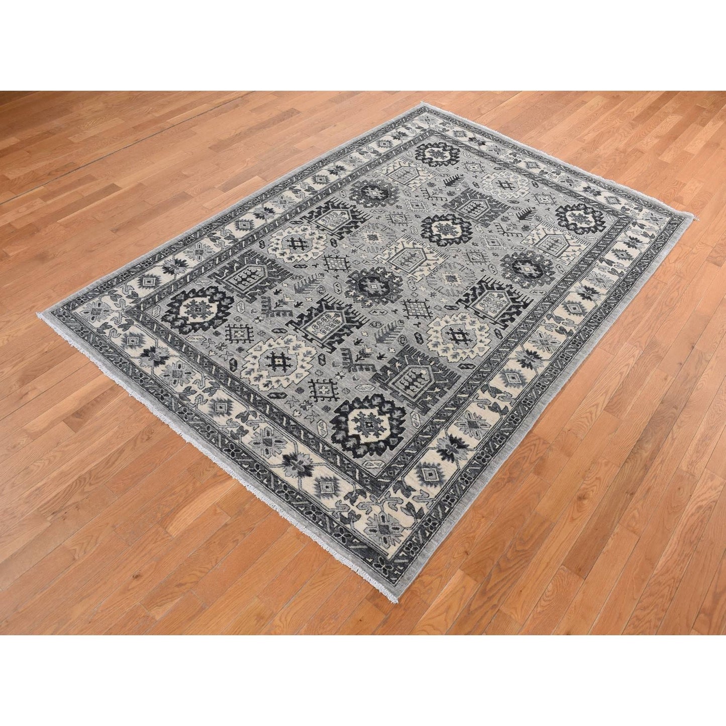 6'2"X9'2" Gray Pure Wool Hand Knotted Peshawar With Karjihooz Design Rug