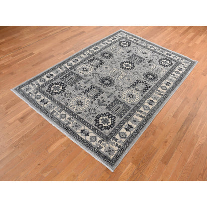 6'2"X9'2" Gray Pure Wool Hand Knotted Peshawar With Karjihooz Design Rug