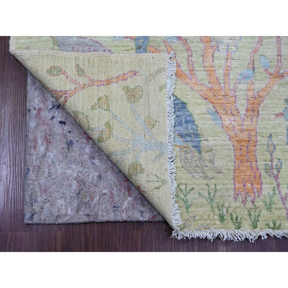 2'9"X11'8" Green Hand Knotted Peshawar Birds Design Soft Wool Runner Rug
