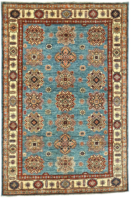 Tribal Geometric Kazak Area Rug Blue Farmho Boho