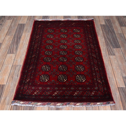 2'7"X4' Red Princess Bokara Geometric Pattern Hand Knotted Wool Sample Rug