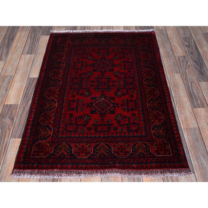 2'9"X3'10" Red Hand Knotted Afghan Khamyab Tribal Design Wool Sample Rug