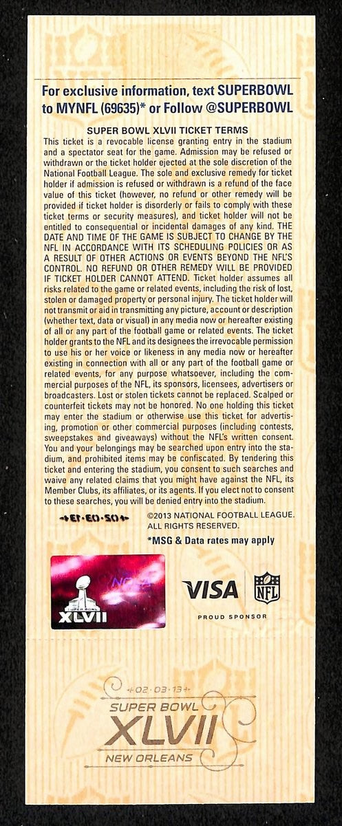 2013 Super Bowl Xlvii 47 Full Unused Mint Authentic Ticket Ravens Vs 49Ers 98878