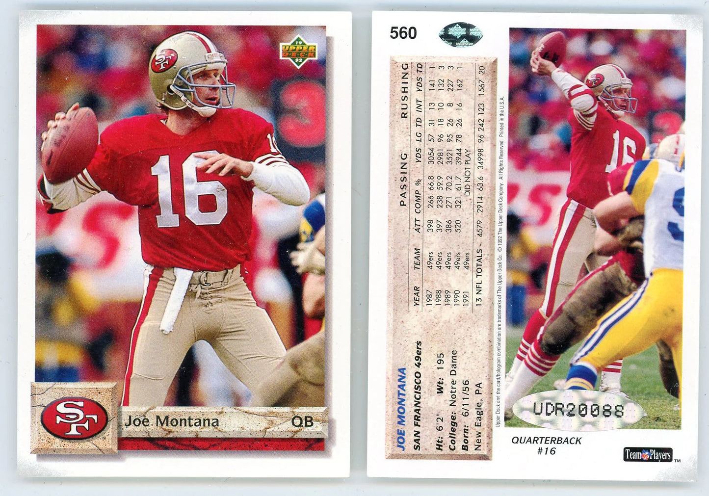 Joe Montana Autographed 1992 Upper Deck Card (Uda)