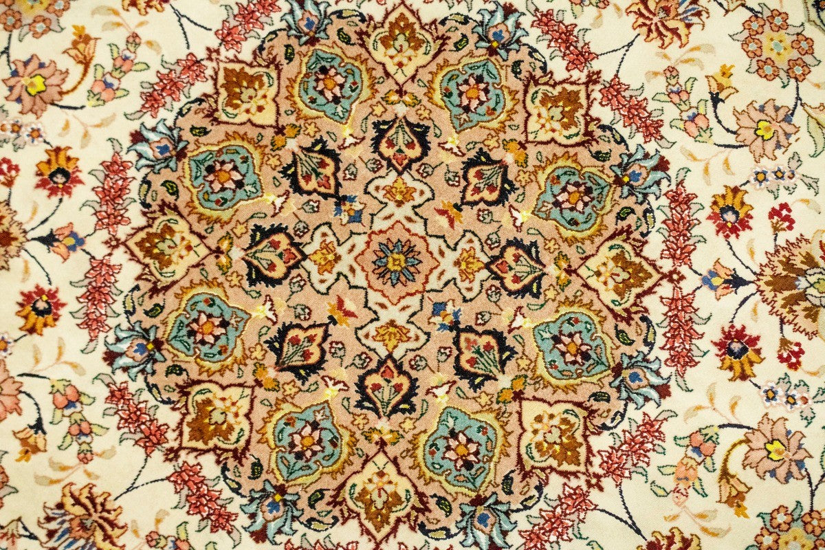 Extra Fine Hand-Knotted Floral Kork Wool & Silk Round Rug Oriental Carpet 5X5 ft