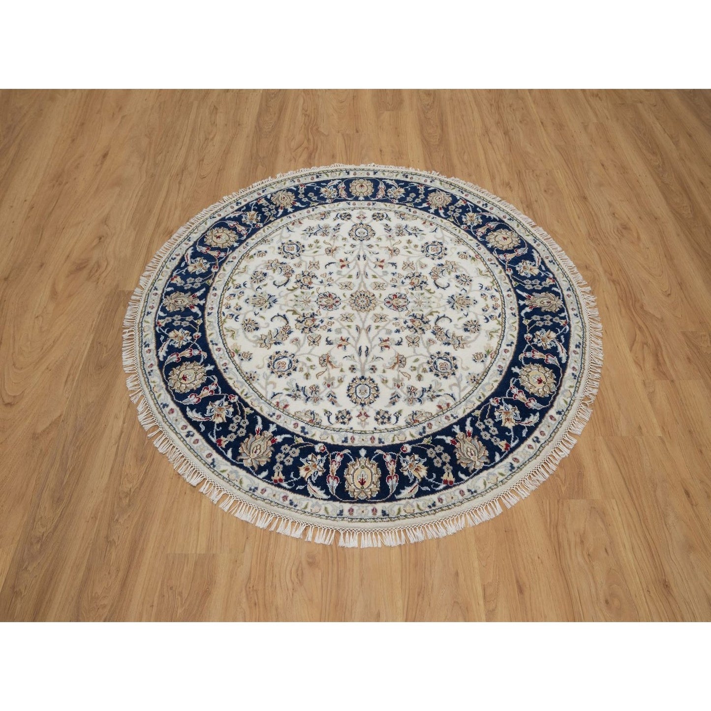 5'X5' Ivory Nain With Flower Design Wool And Silk Hand Knotted Round Rug