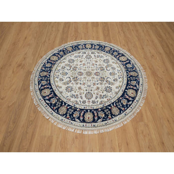 5'X5' Ivory Nain With Flower Design Wool And Silk Hand Knotted Round Rug
