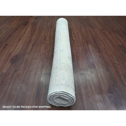 3'10"X10' White Hand Knotted Angora Oushak Leaf Design Wool Runner Rug