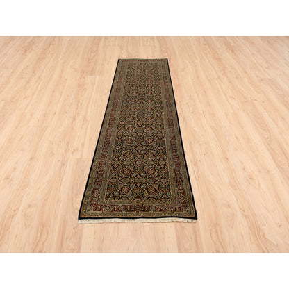 2'6"x10' Herati Fish Design Black Hand Knotted 250 KPSI Wool Runner Rug