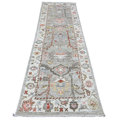 3'X9'8" Coin Gray Afghan Angora Oushak Hand Knotted Pure Wool Runner Rug