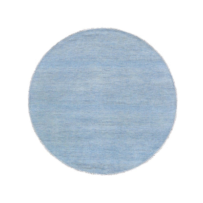 Rug 6'x6' Blue Grass Design Wool and Silk Round Hand Knotted Oriental