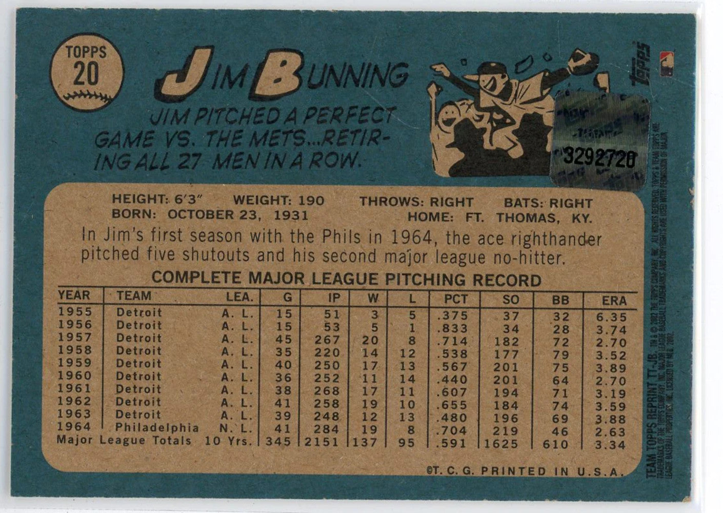 Jim Bunning Autographed 2002 Topps Archive Team Topps Legends Card #20