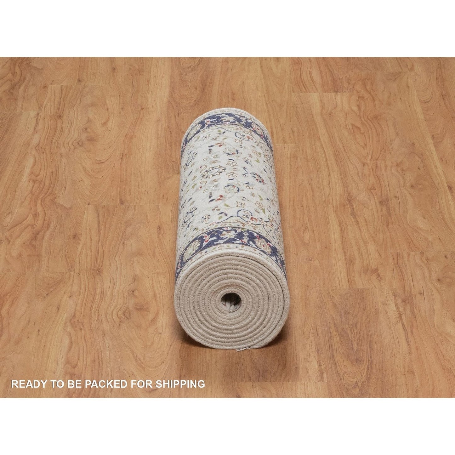 Rug 2'8"x14'4" Ivory Nain Medallion Design Wool & Silk Hand Knotted Runner