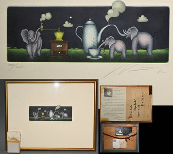 Volker Khn Elephants 1982 Signed Color Etching 224/300 German Surreal Humor