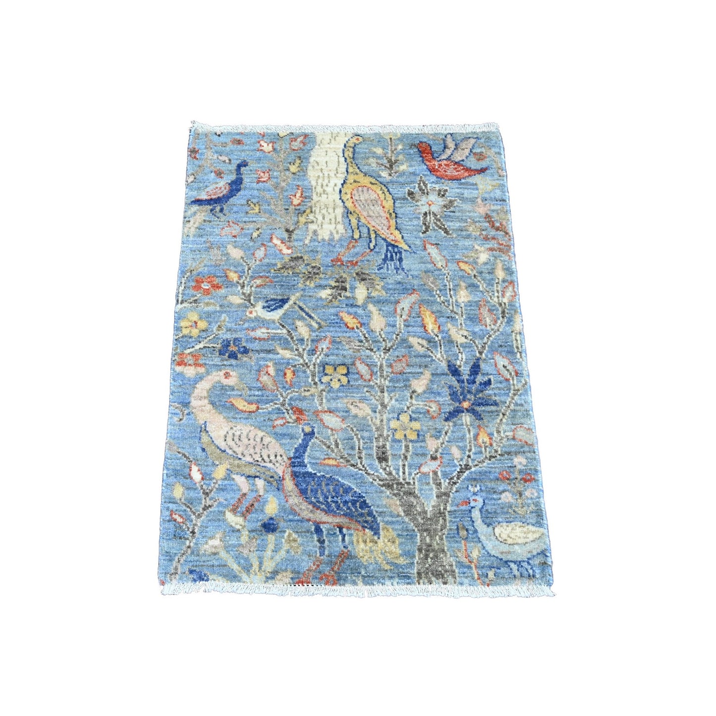 2'1"X3' Maya Blue Afghan Peshawar Birds Design Hand Knotted Wool Mat Rug